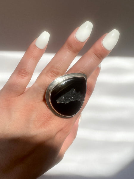 Black Agate Druzy Drop Ring