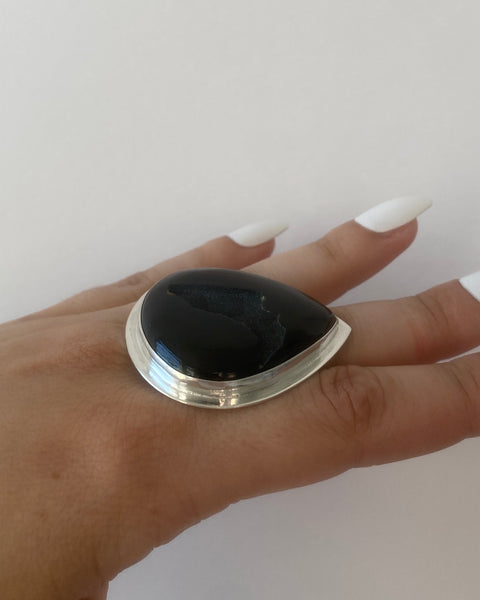 Black Agate Druzy Drop Ring
