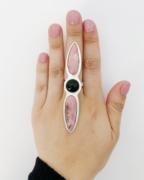 Mexican Pink Opal and Onyx Statement Ring