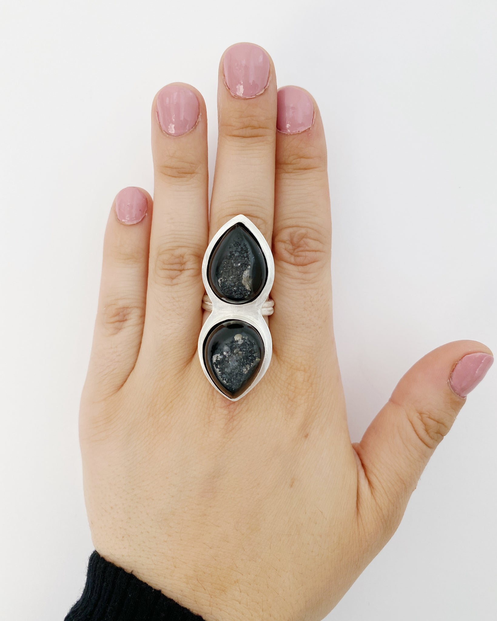 Double Black Agate Druzy Drop Statement Ring