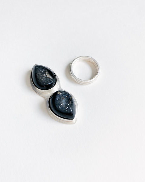 Double Black Agate Druzy Drop Statement Ring