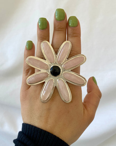 Rose Quartz and Onyx Flower Statement Ring