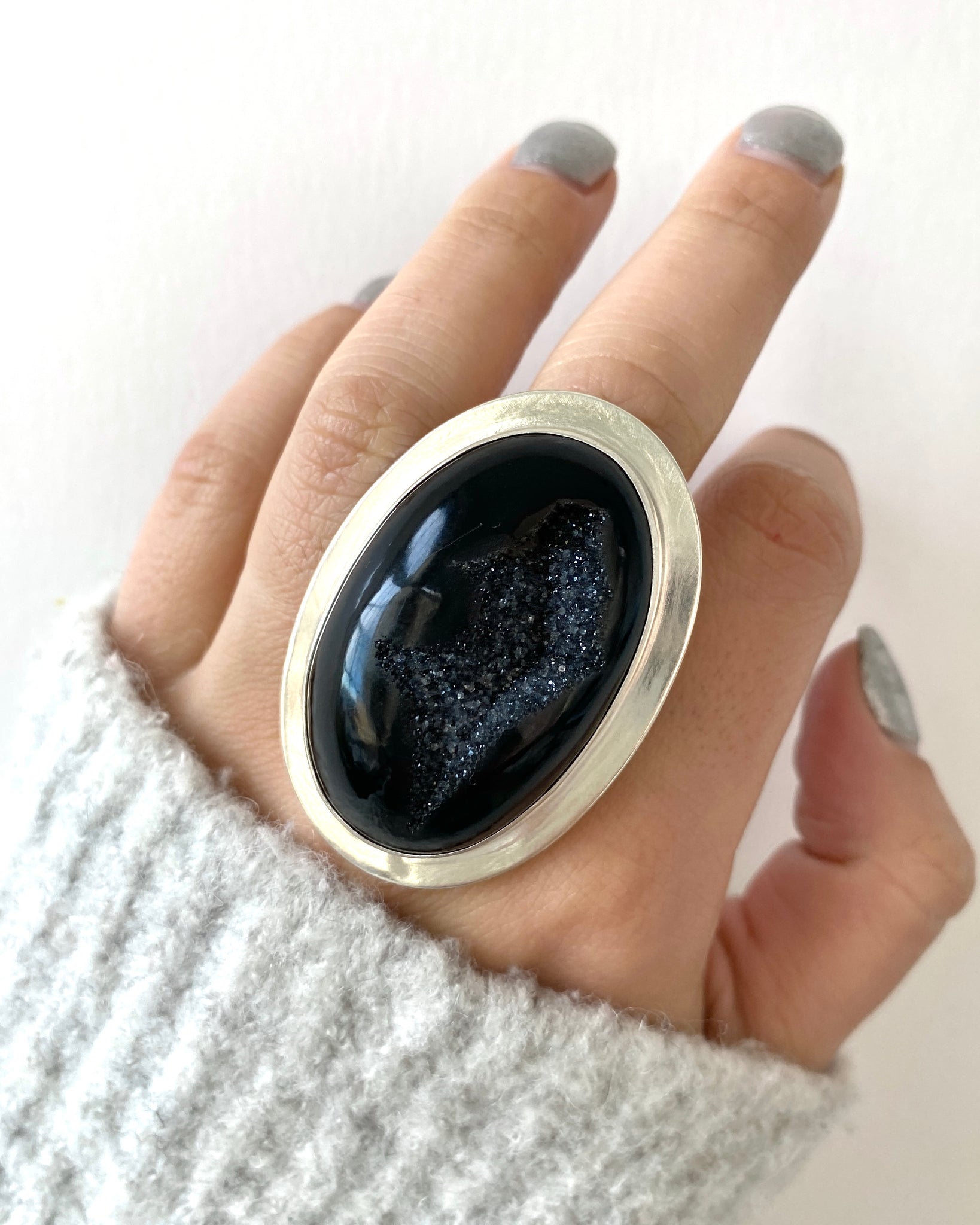 Black Agate Druzy Oval Ring