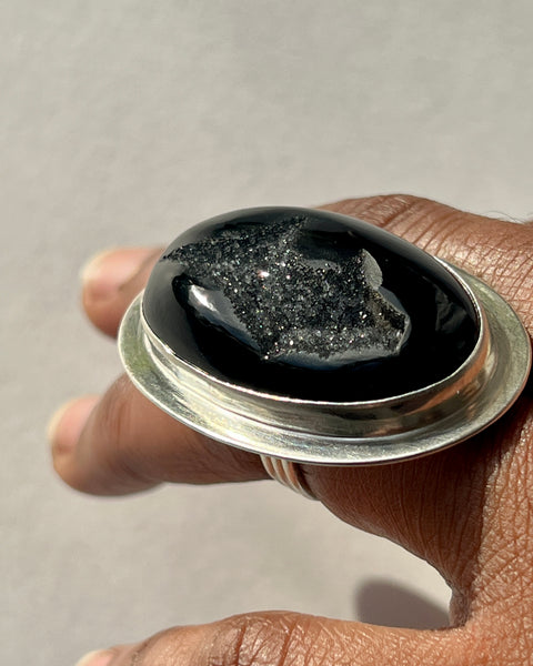 Black Agate Druzy Oval Ring