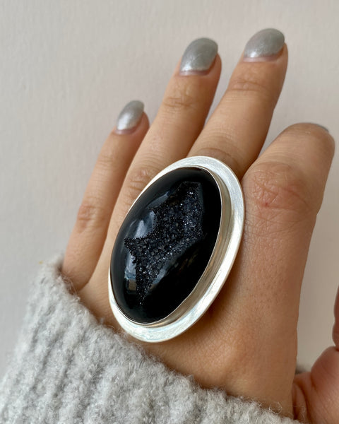 Black Agate Druzy Oval Ring